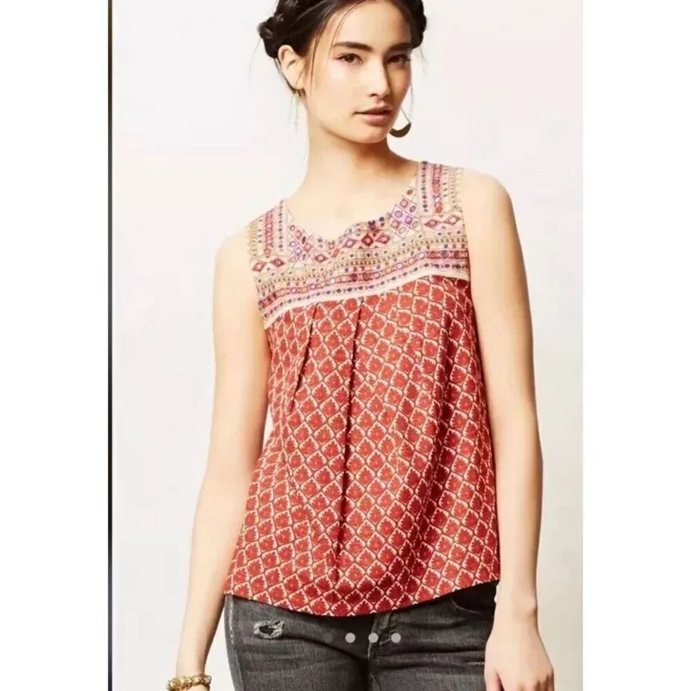 Anthropologie Akemi + Kin Eivy Embroidered Embellished Sleeveless Top Small